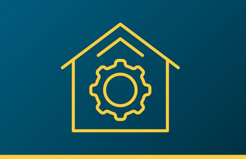 Haus, Zahnrad, Technik, gelbe Linien